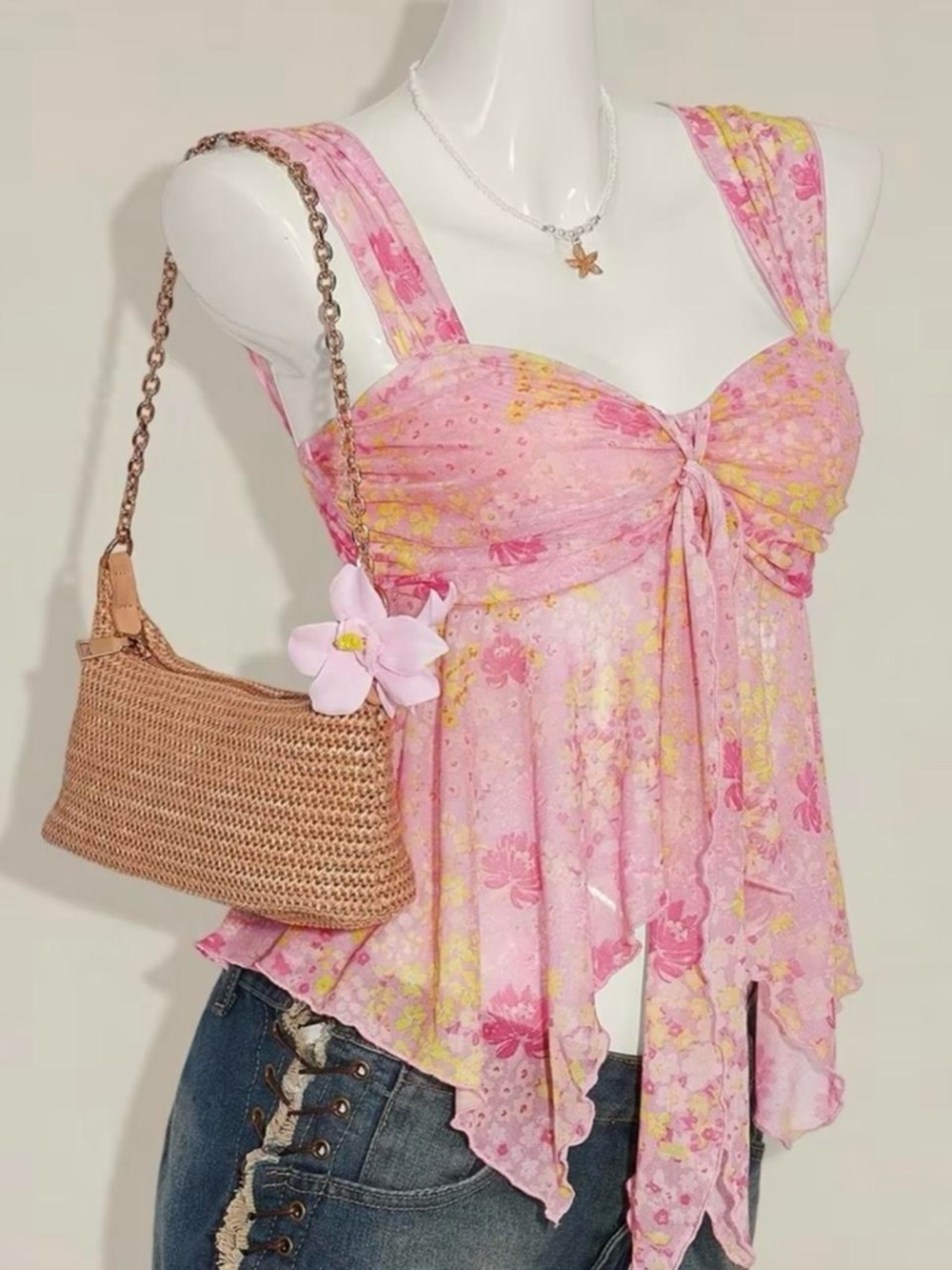 Pink Floral Tie-Front Sleeveless Women's mesh Top